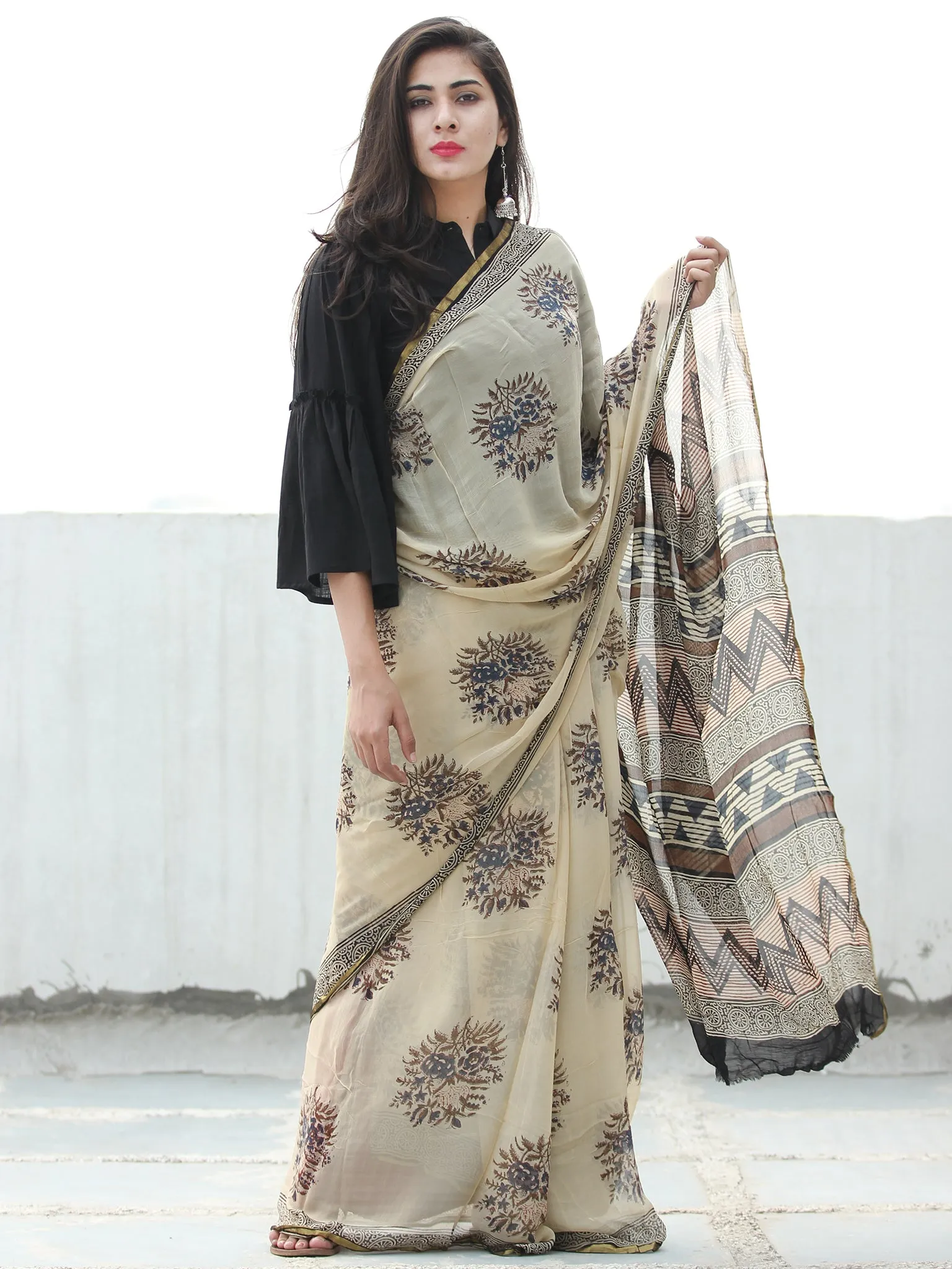 Beige Indigo Brown Hand Block Printed Chiffon Saree with Zari Border - S031703950