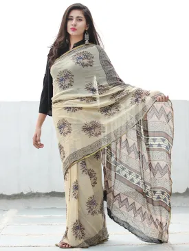 Beige Indigo Brown Hand Block Printed Chiffon Saree with Zari Border - S031703950