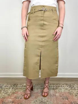 Belted Utility Skirt w/Side Button Placket in Khaki