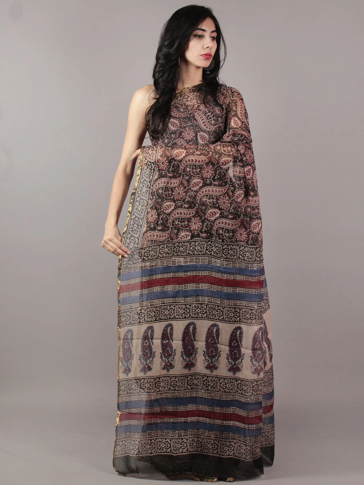 Black Beige Maroon Hand Block Printed Chiffon Saree - S031701808