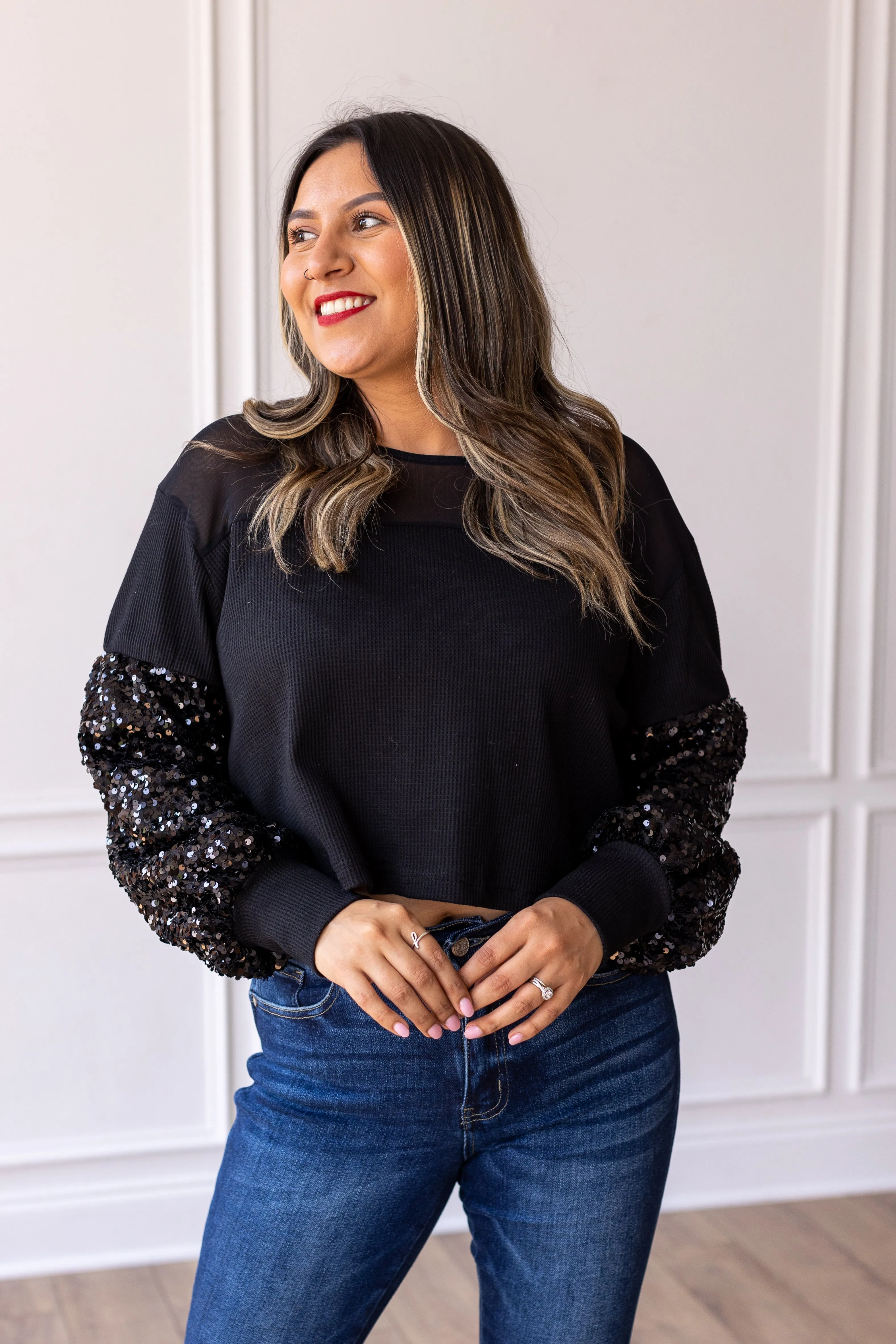 Black Waffle Knit Top with Mesh and Sequin Details