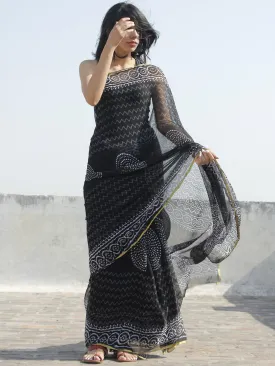 Black White Hand Block Printed Chiffon Saree - S031702315