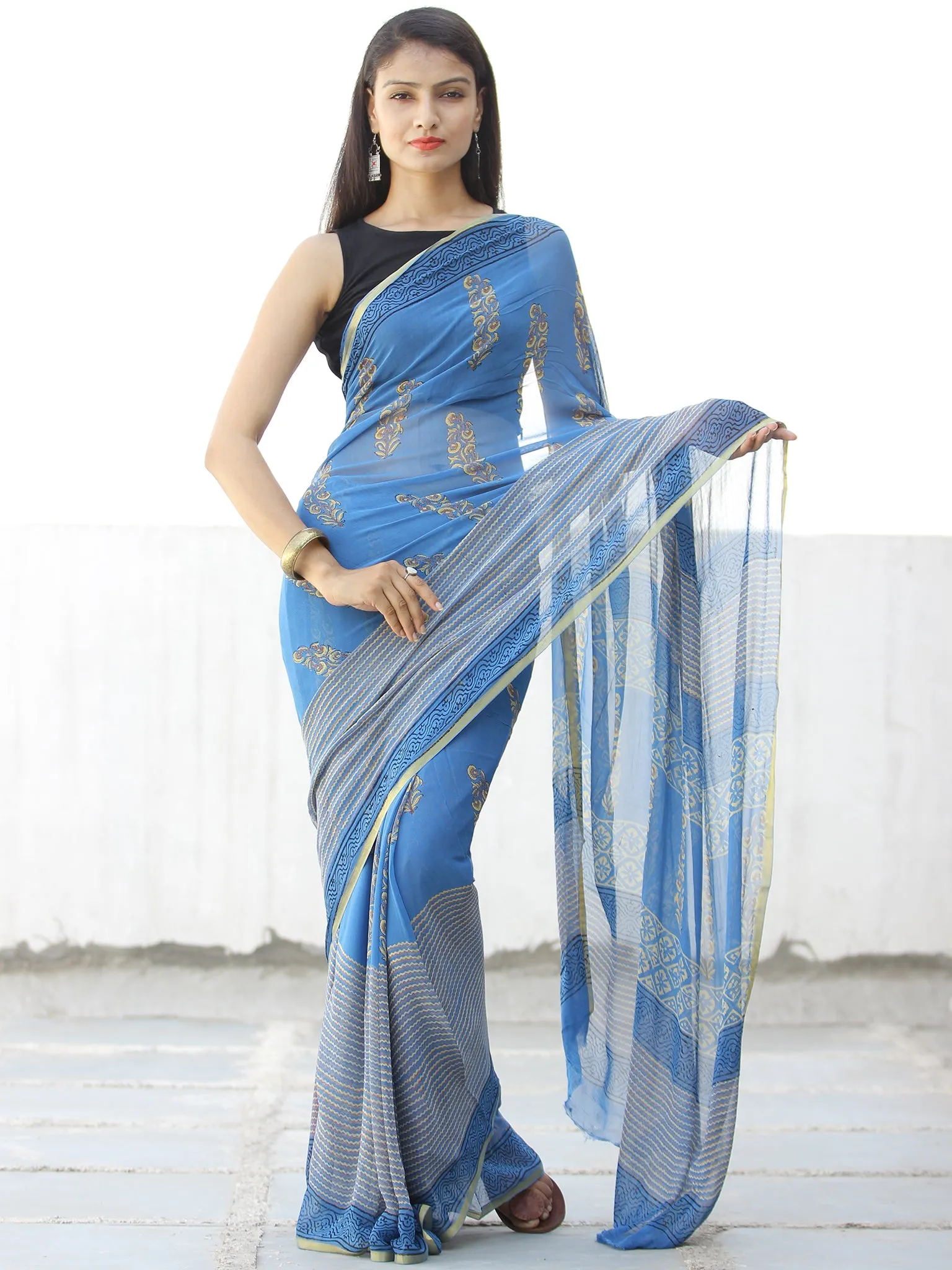 Blue Yellow Hand Block Printed Chiffon Saree with Zari Border - S031703970