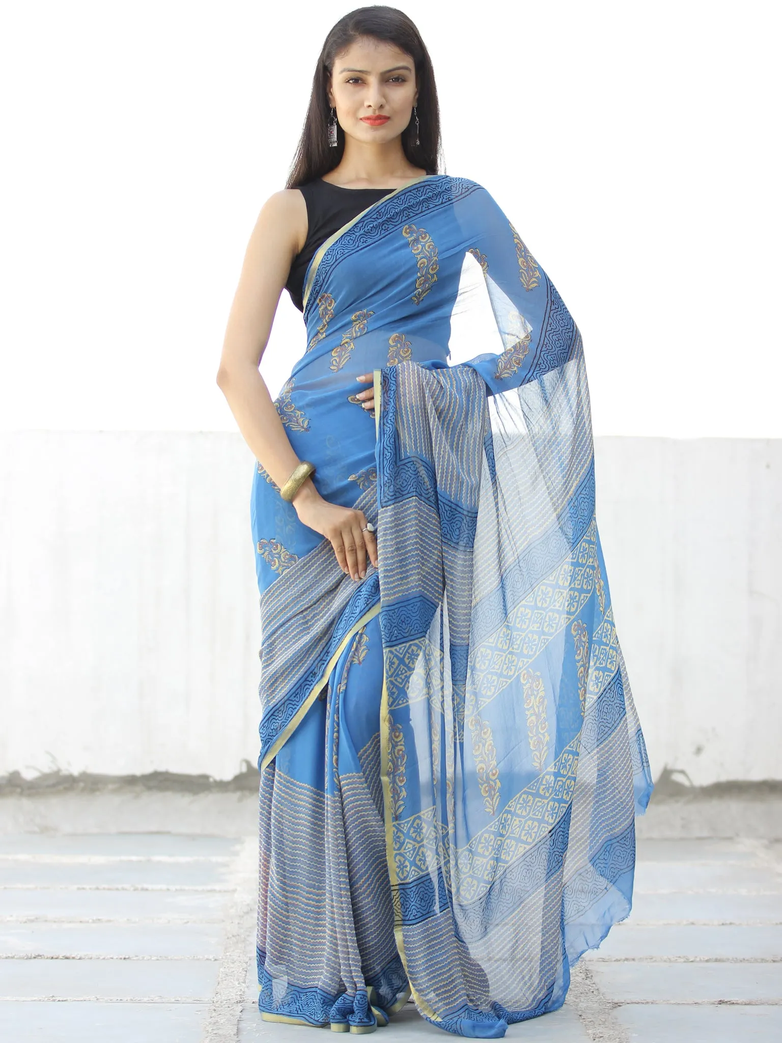 Blue Yellow Hand Block Printed Chiffon Saree with Zari Border - S031703970