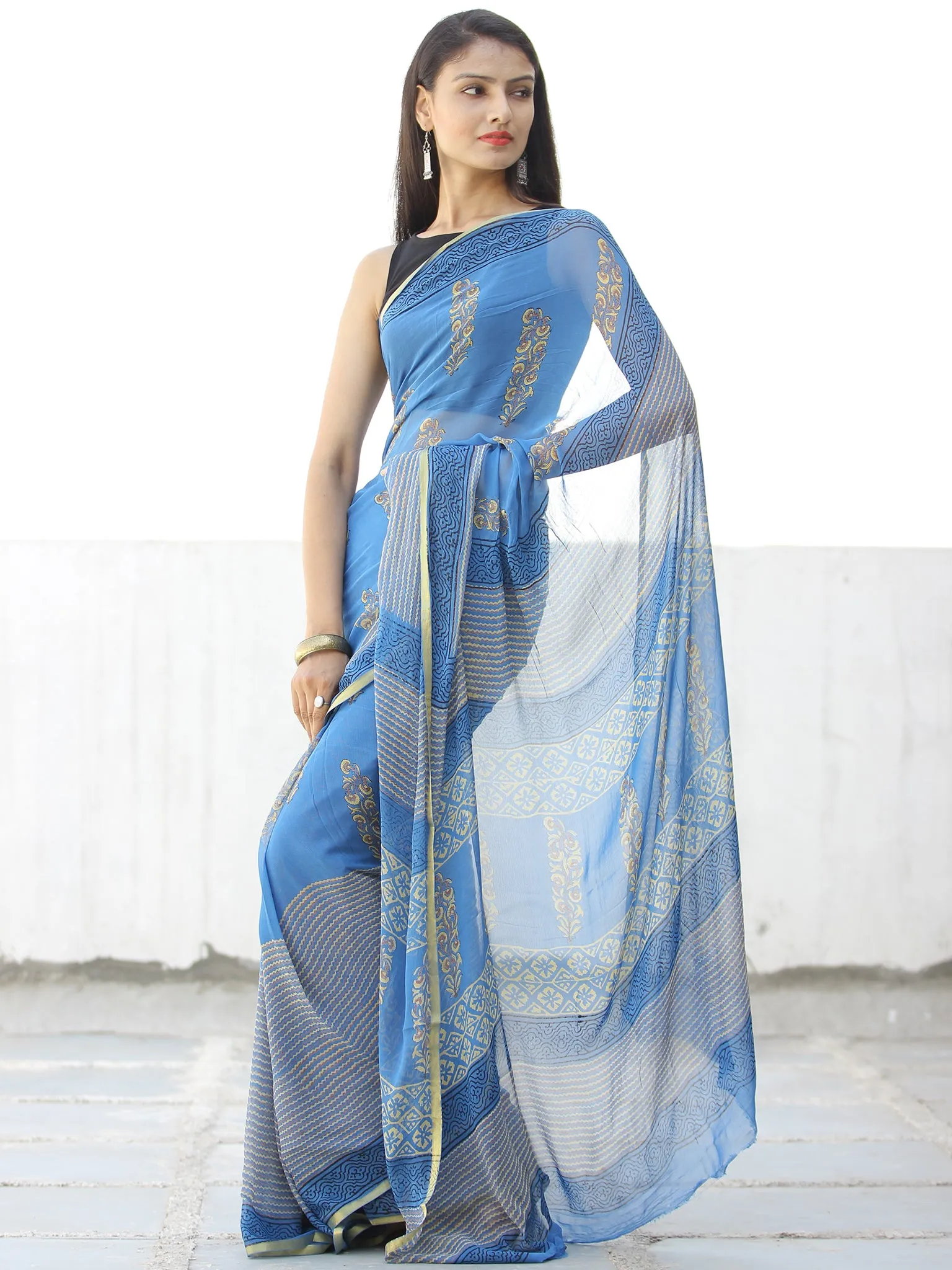 Blue Yellow Hand Block Printed Chiffon Saree with Zari Border - S031703970