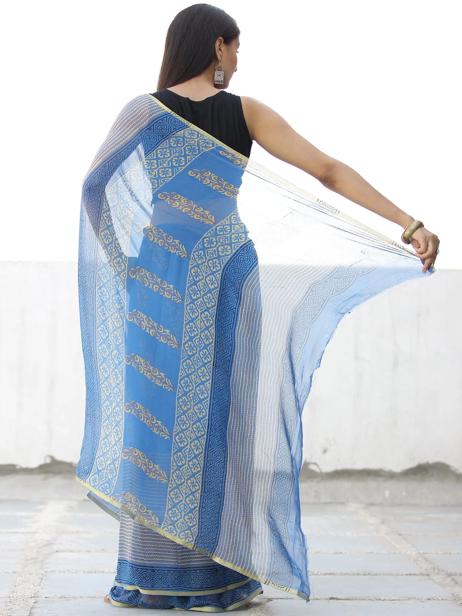 Blue Yellow Hand Block Printed Chiffon Saree with Zari Border - S031703970