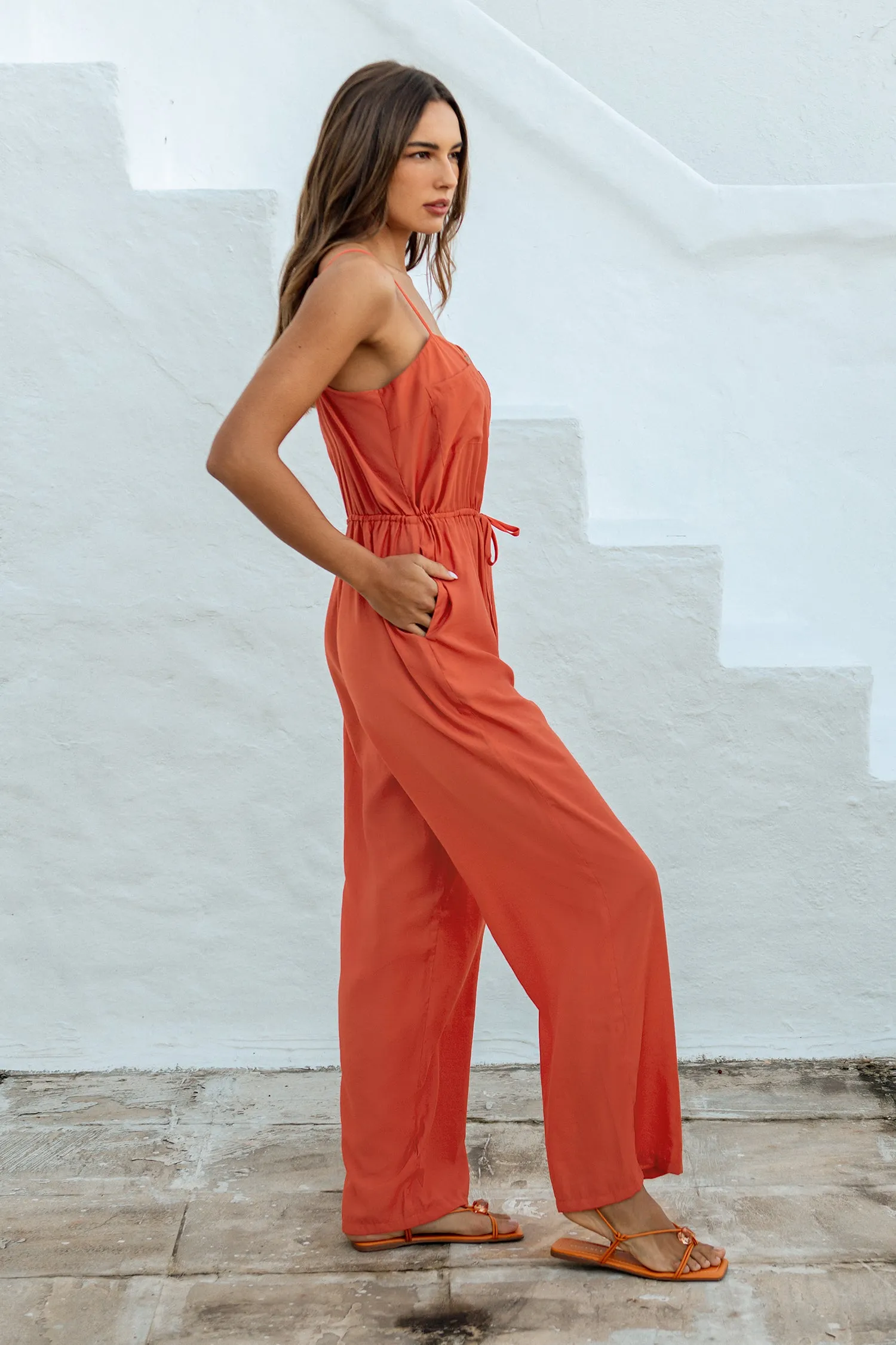 Buttoned Drawstring Cami Jumpsuit