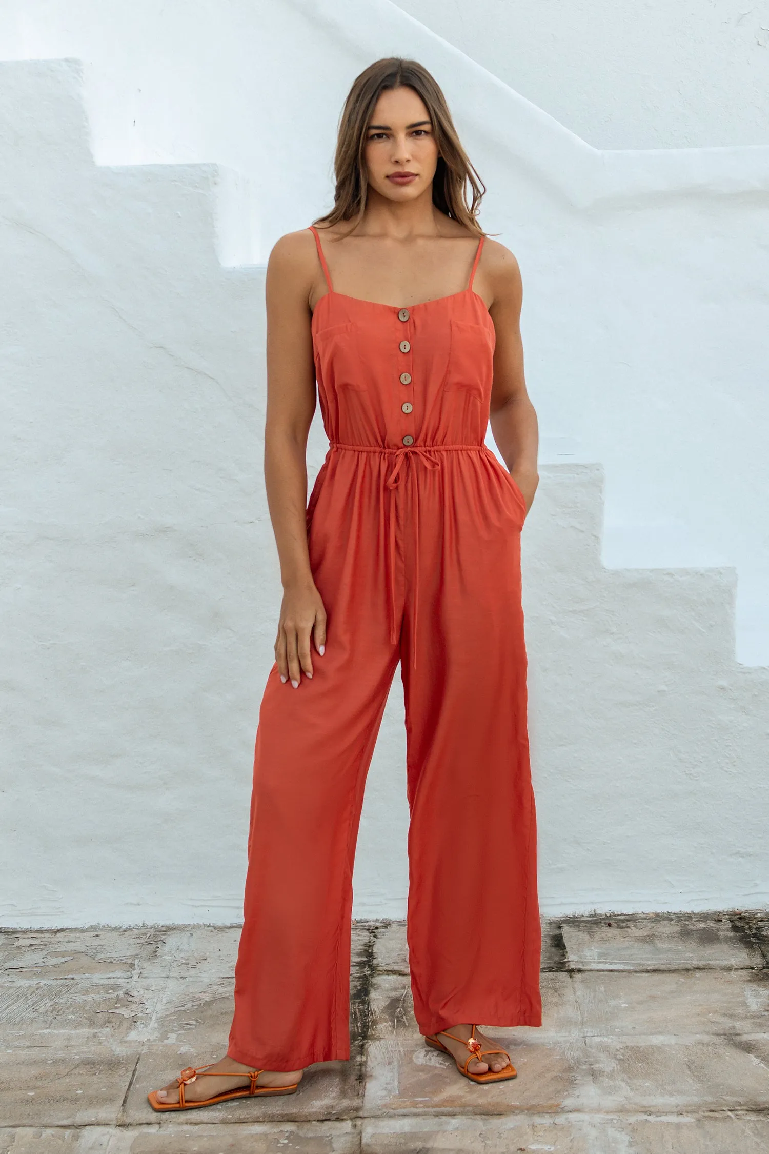 Buttoned Drawstring Cami Jumpsuit