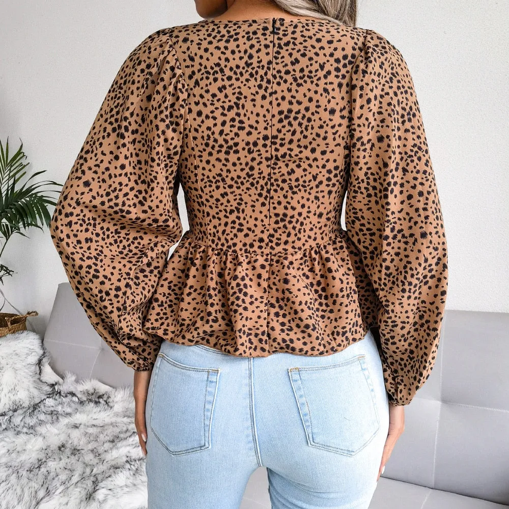 DressBetty - Summer Leopard Print Chiffon Shirt Fashion V-Neck Lantern Long Sleeve Ruffle Hem Top