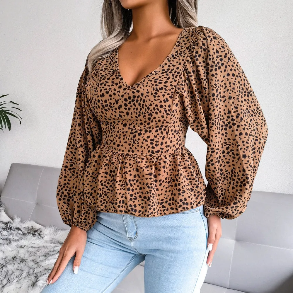 DressBetty - Summer Leopard Print Chiffon Shirt Fashion V-Neck Lantern Long Sleeve Ruffle Hem Top