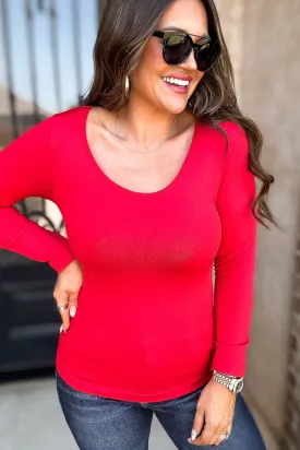 Fleece Lined Red Seamless Round Neck Long Sleeve Top