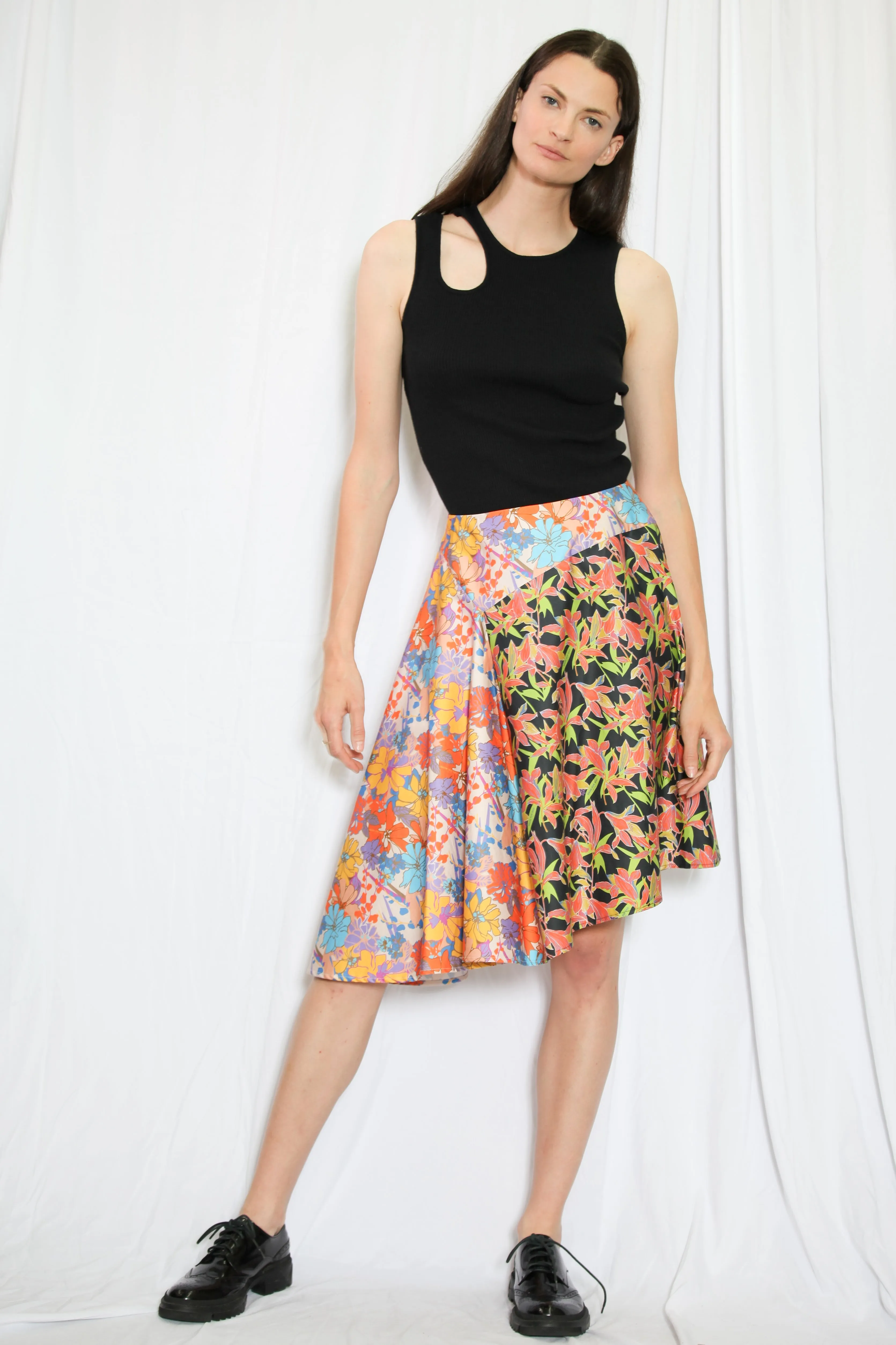 Floral Printed Orange Asymmetric Midi Skirt