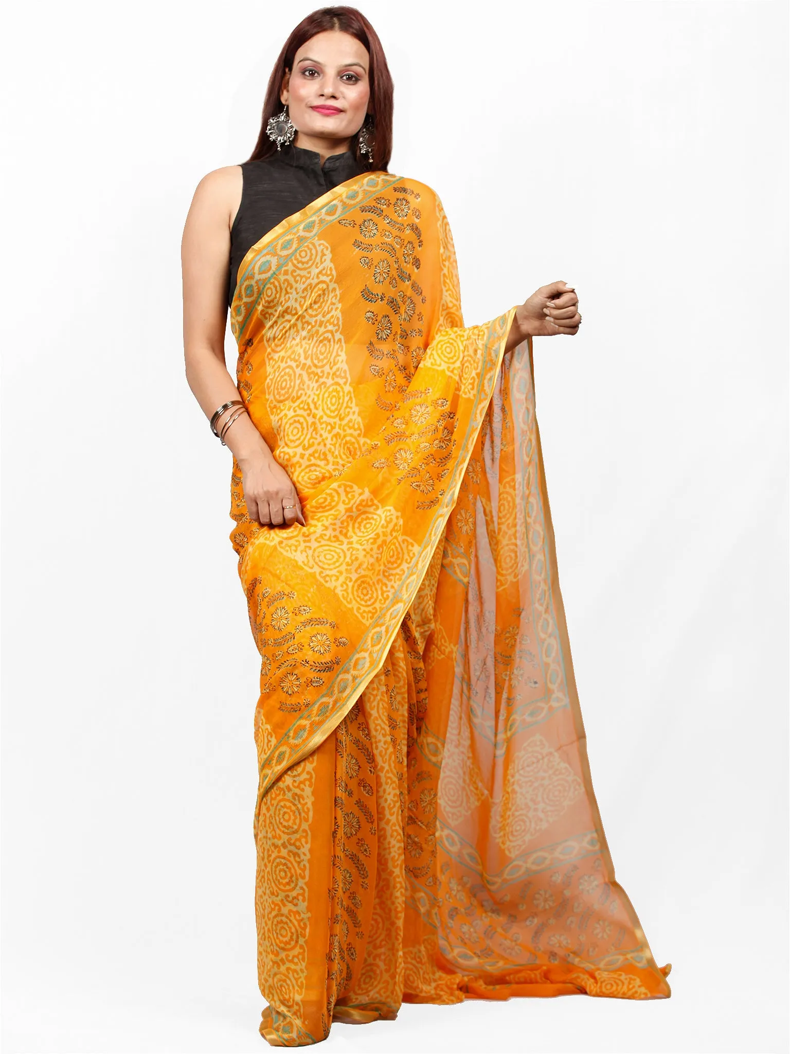 Golden Yellow  Hand Block Printed Chiffon Saree with Zari Border - S031703421