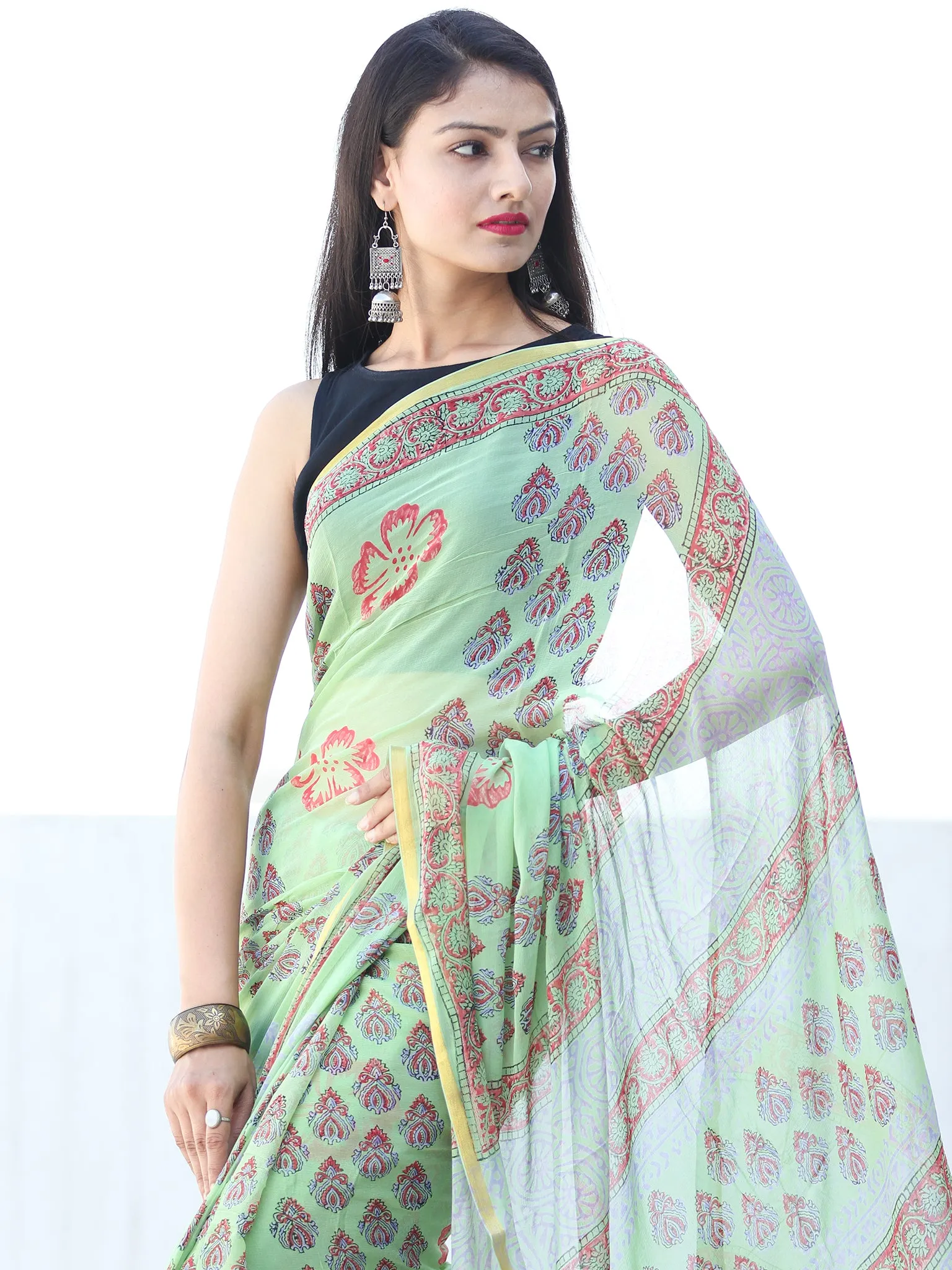 Green Coral Hand Block Printed Chiffon Saree with Zari Border - S031703929