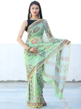 Green Coral Hand Block Printed Chiffon Saree with Zari Border - S031703929