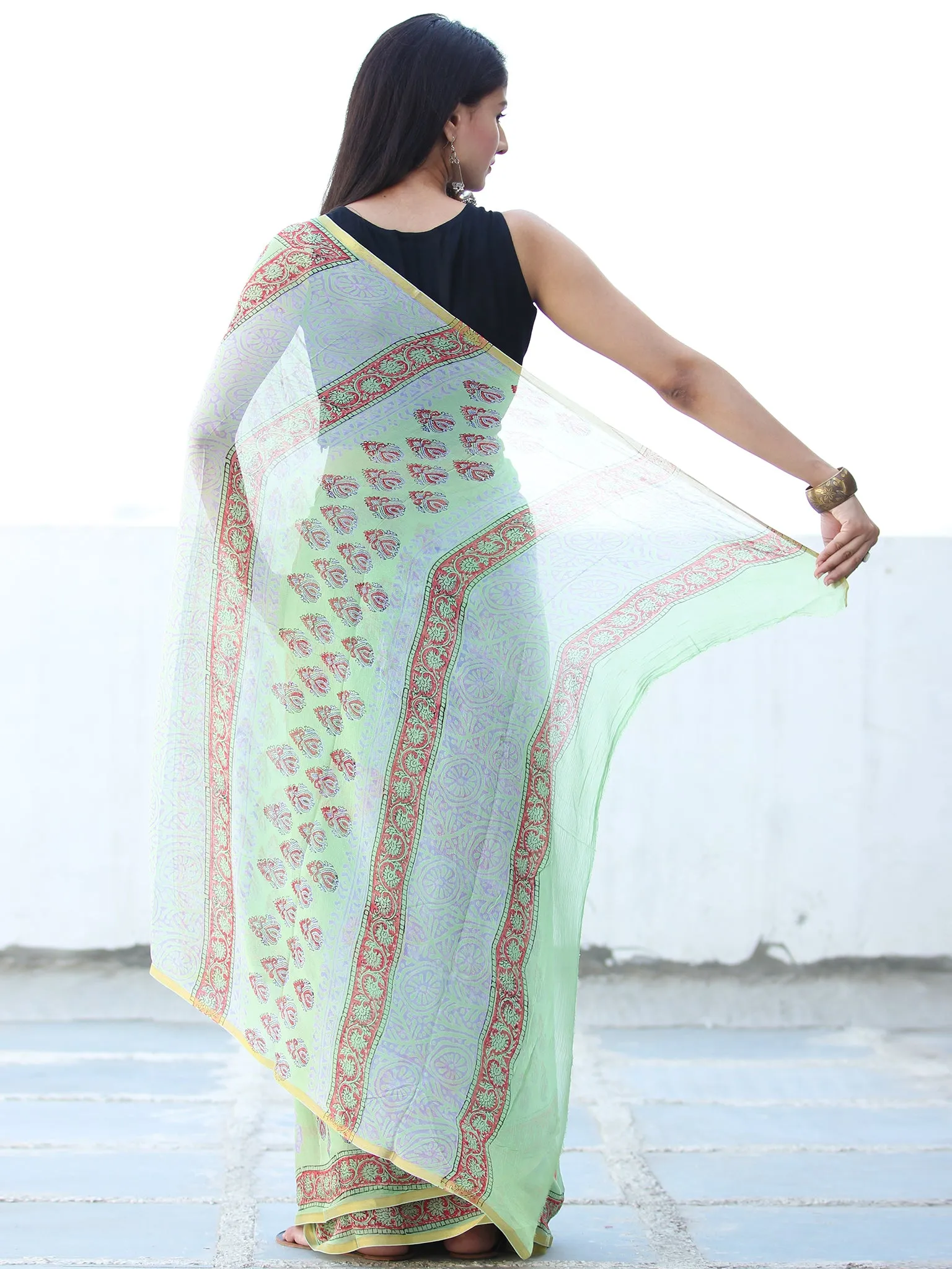 Green Coral Hand Block Printed Chiffon Saree with Zari Border - S031703929