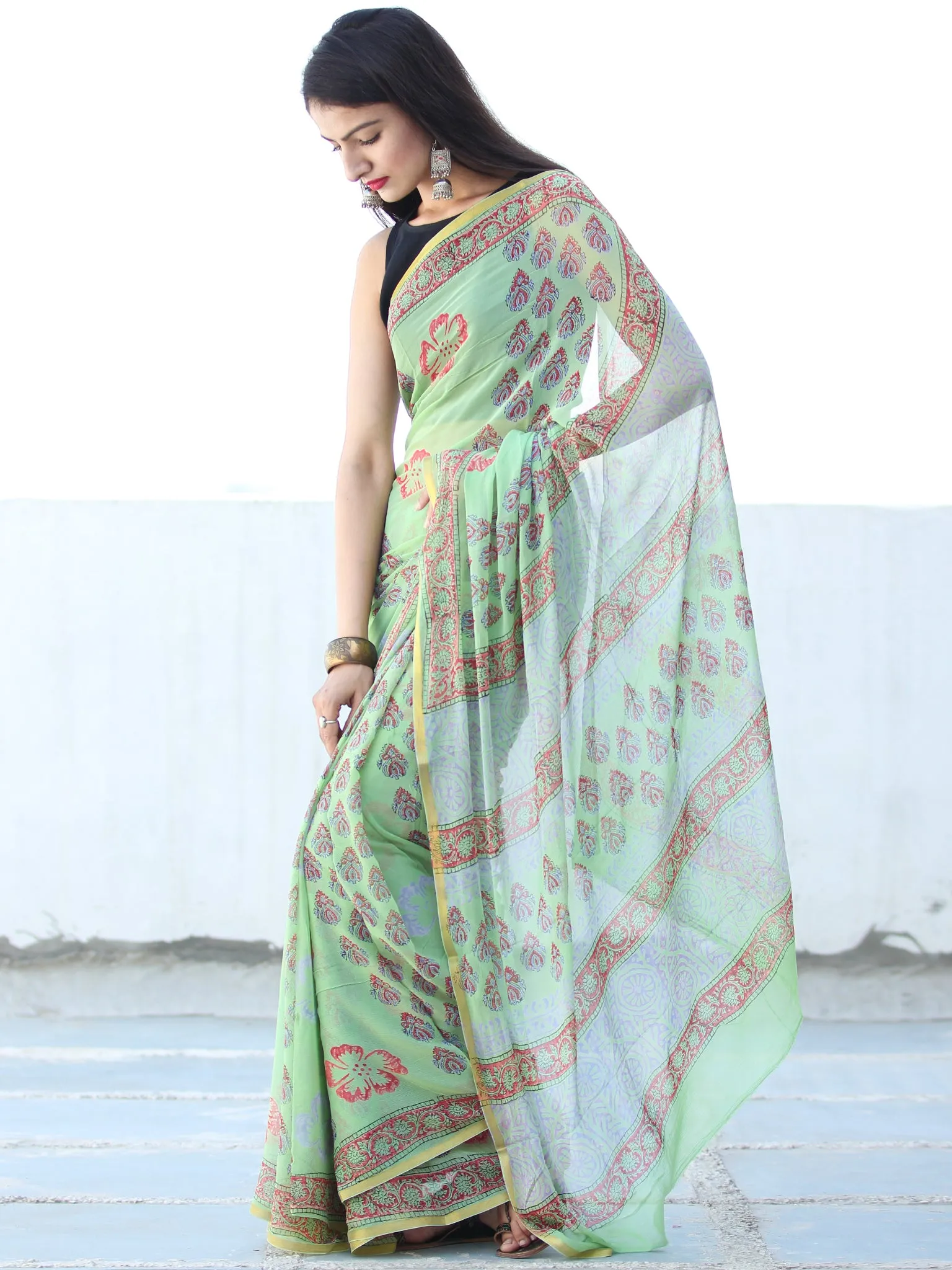 Green Coral Hand Block Printed Chiffon Saree with Zari Border - S031703929