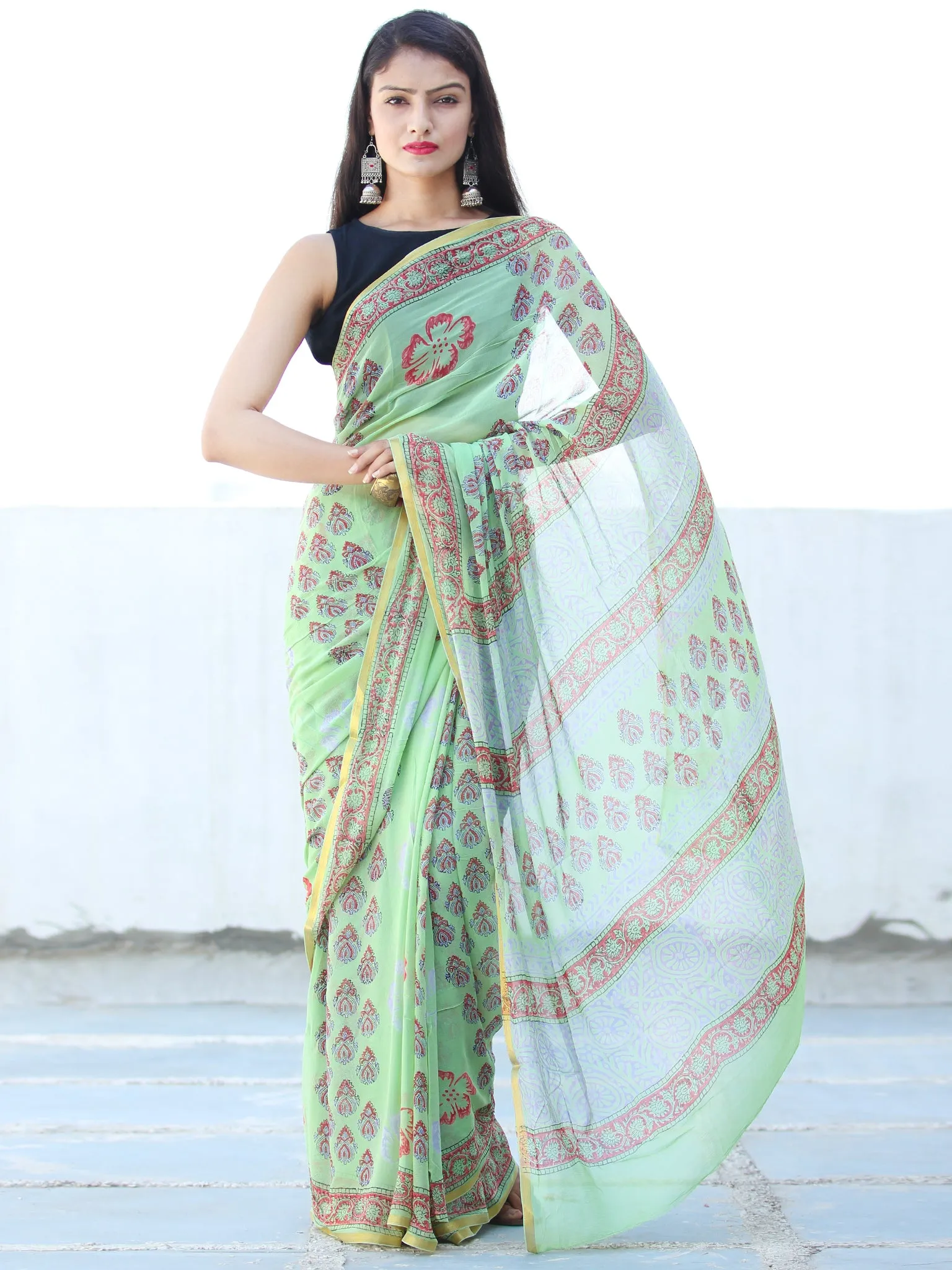 Green Coral Hand Block Printed Chiffon Saree with Zari Border - S031703929