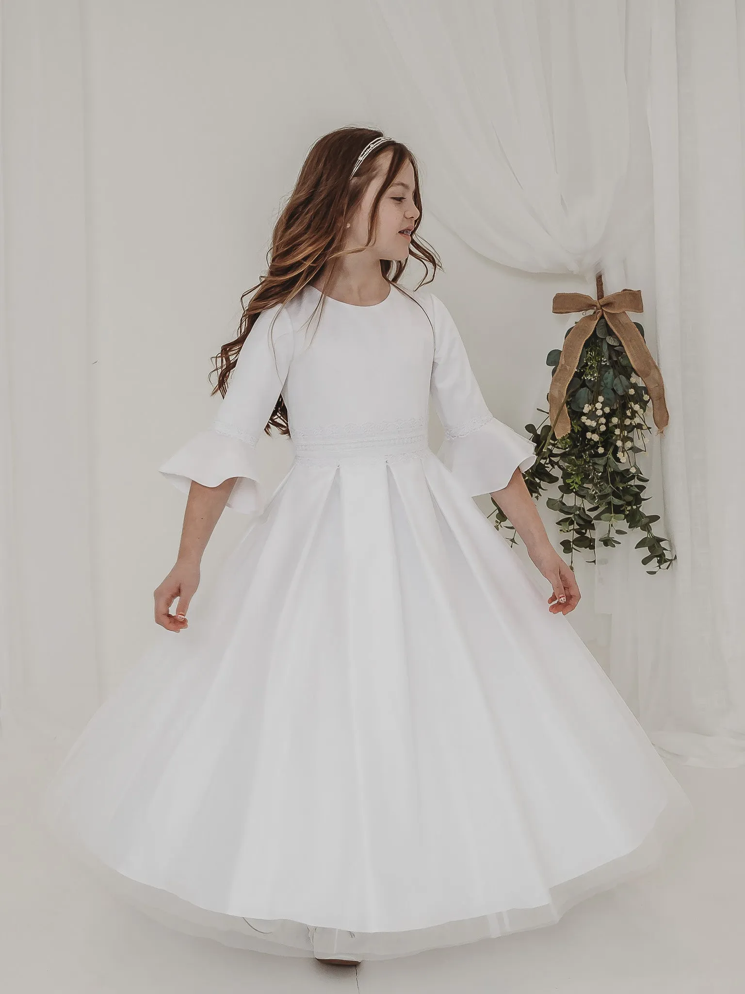 'Ines' White Lace Fluted Sleeve Communion Dress