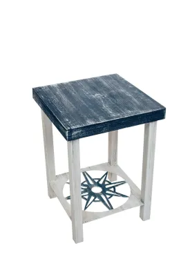 Navy Blue and White Square Iron and Wood End Table with Nautical Compass Accent