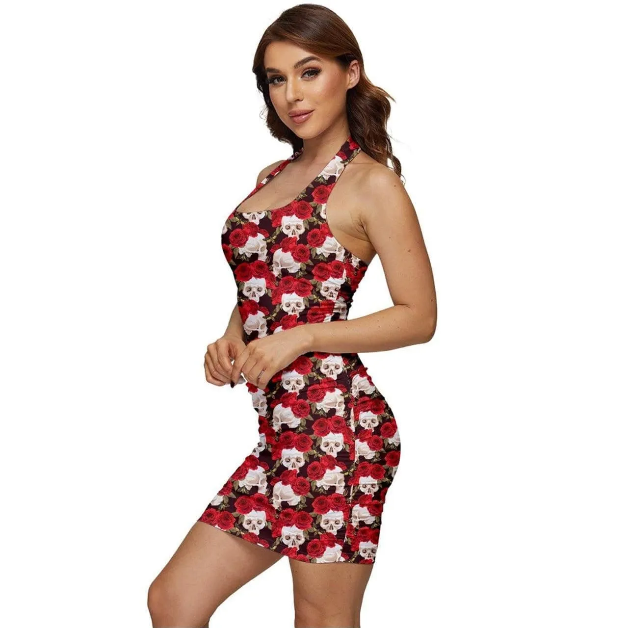 Red Roses and Skulls Ruched Halter Dress