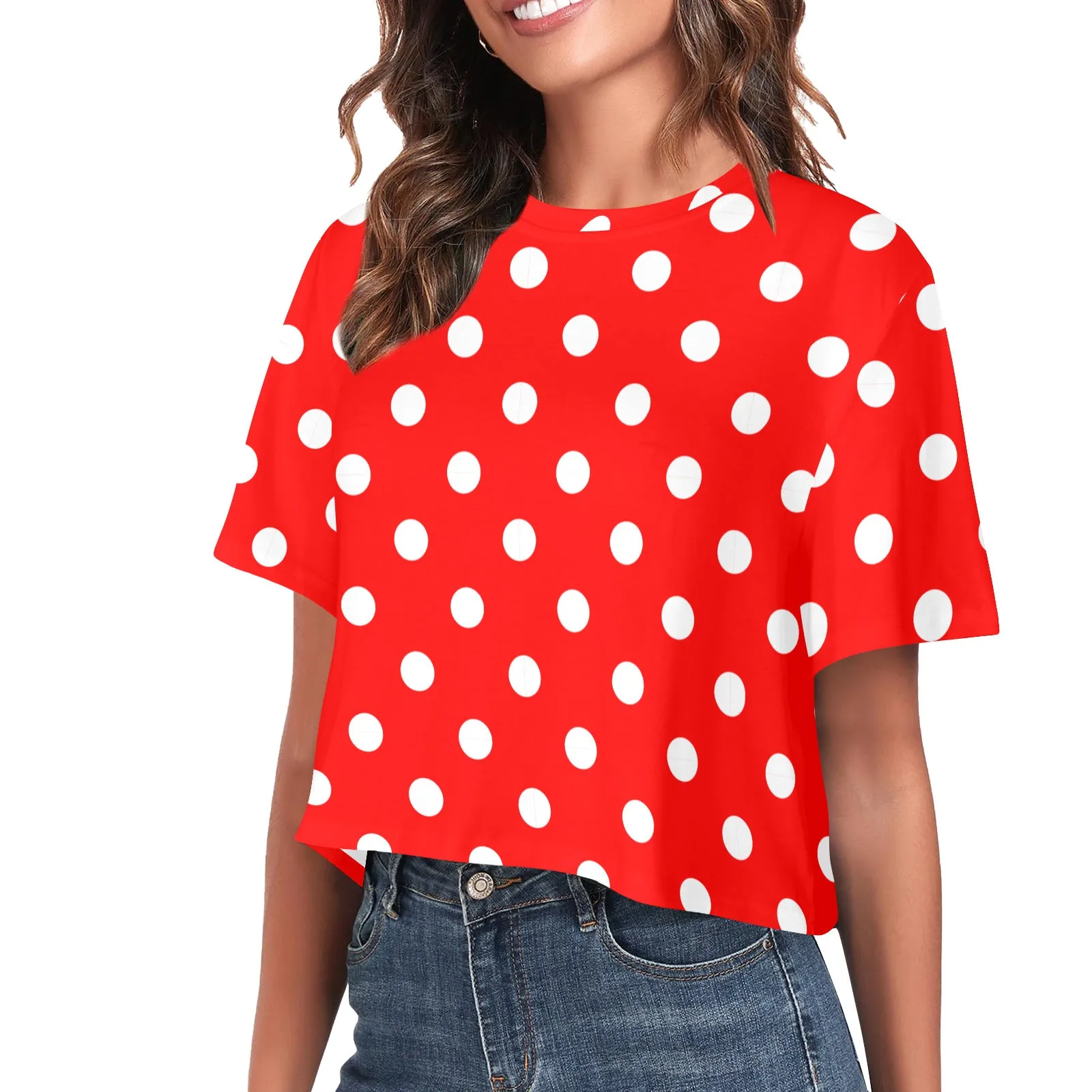 Red With White Polka Dots Women's Cropped T-shirt