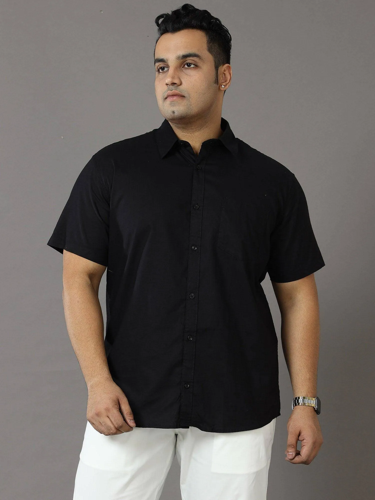 Rich Black Solid Half Sleeve Shirt Men's Plus Size