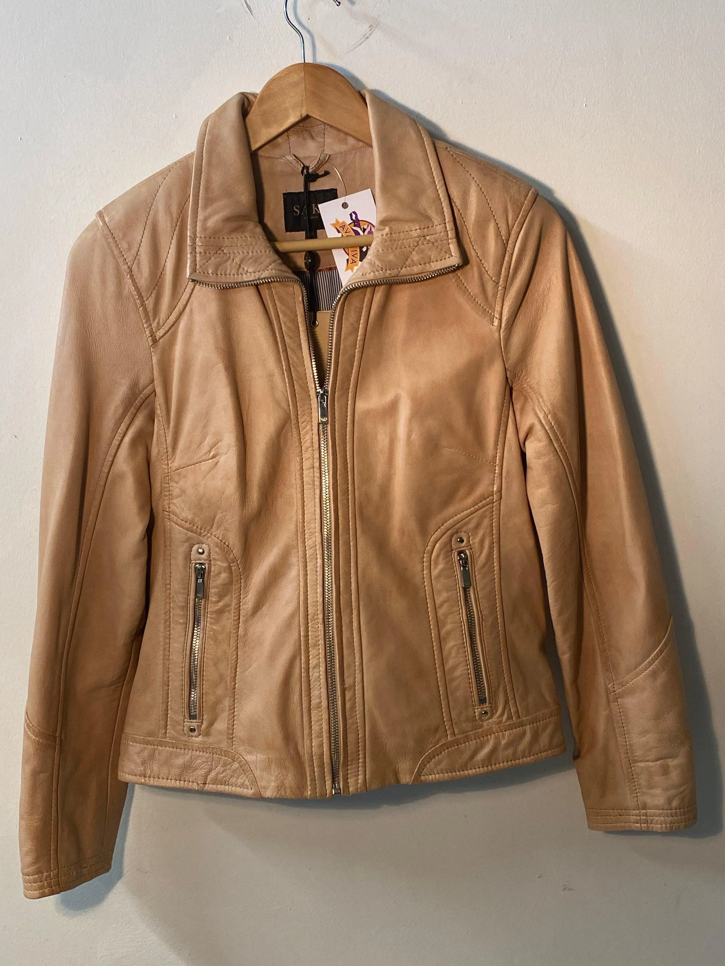 Saki Sweden "Gella" Biker Jacket Beige Leather Size 36 (UK10) BNWT