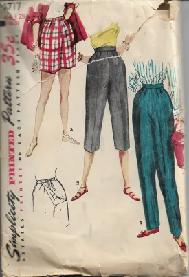 Simplicity 4717 Maternity Pedal Pushers Pants Shorts Vintage Sewing Pattern 1950s