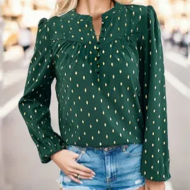 Slim Polka Dot Gold Foil Long Sleeve Chiffon V Neck Blouse