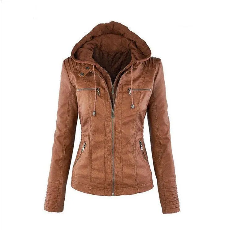 Stand-up Collar Zipper Long-sleeved Solid Color Women's Leather Jacket