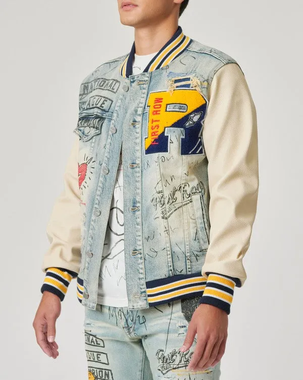 TEEK - Hand Drawing Leather Sleeves Denim Varsity Jacket