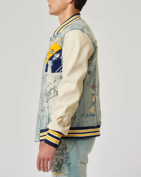 TEEK - Hand Drawing Leather Sleeves Denim Varsity Jacket