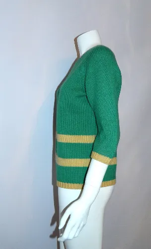 vintage 1940s wool sweater jade green yellow stripes XS - S