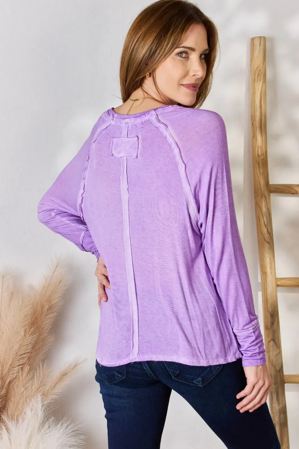 Washed Scoop Neck Long Sleeve Blouse