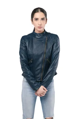 Women Racer Style Jacket Navy Blue Leather Stylish Fashion Jacket – ELF41