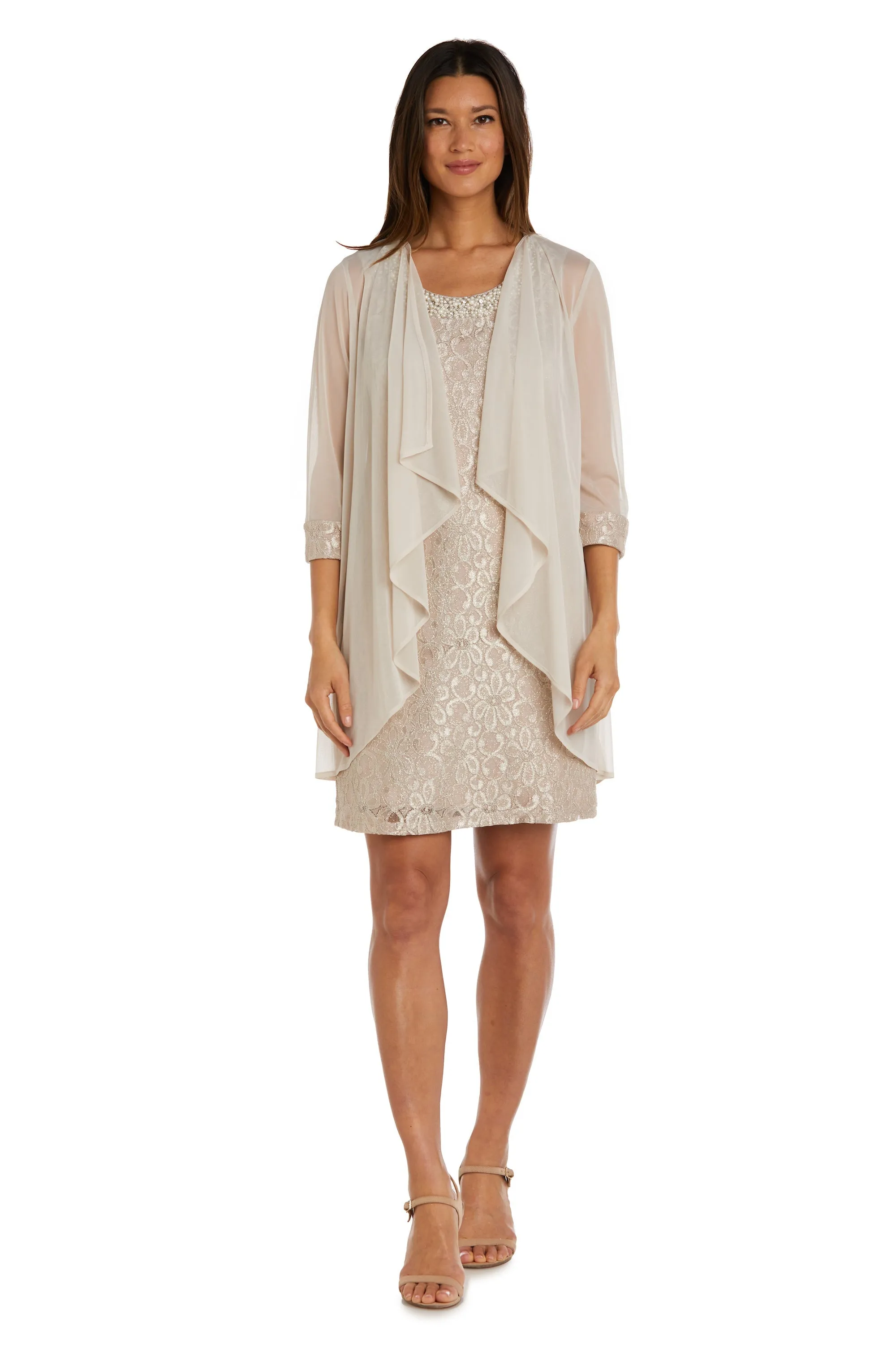 Women's Petite Sheer Draped Jacket and Pearl-Embellished Lace Shift Dress