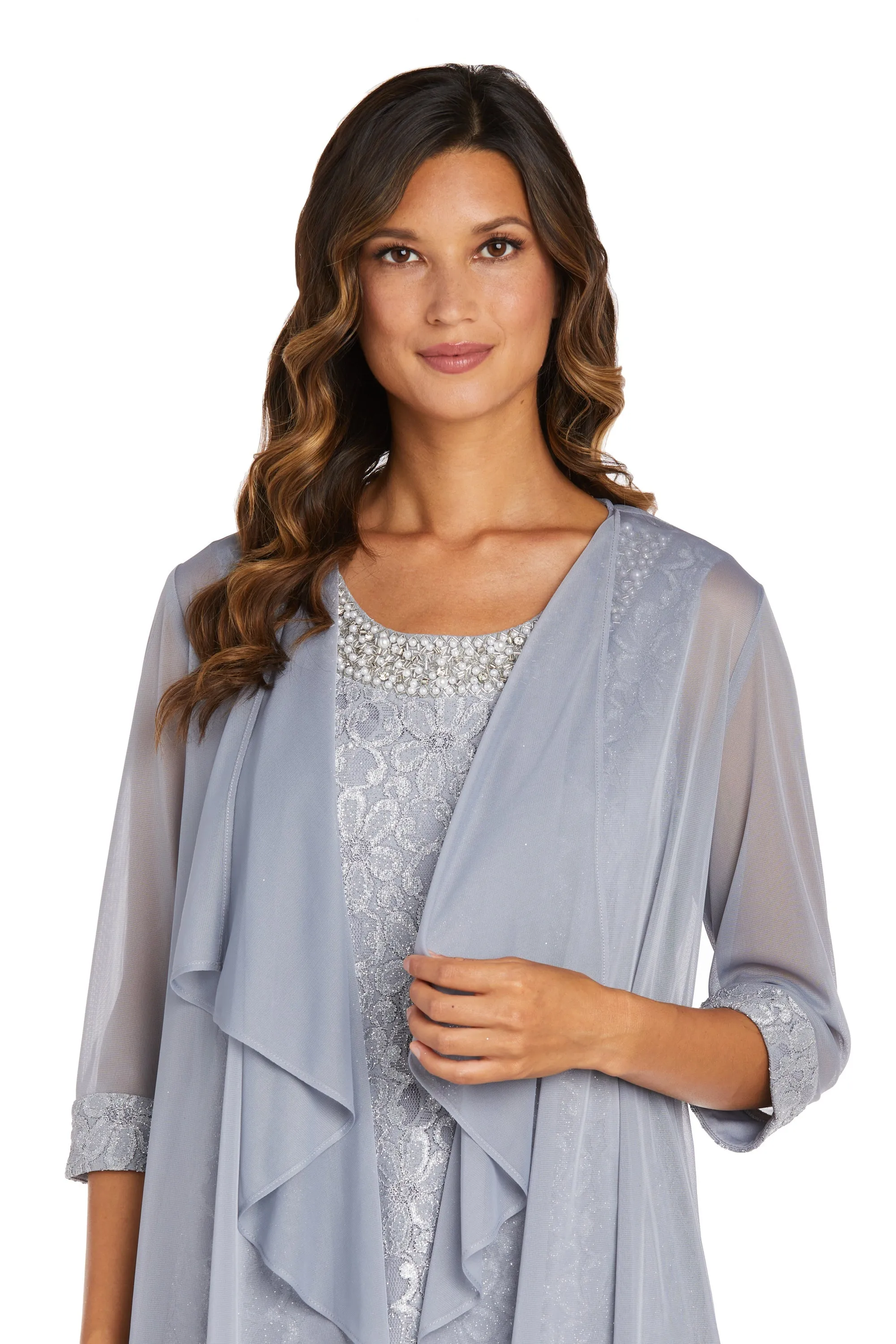 Women's Petite Sheer Draped Jacket and Pearl-Embellished Lace Shift Dress